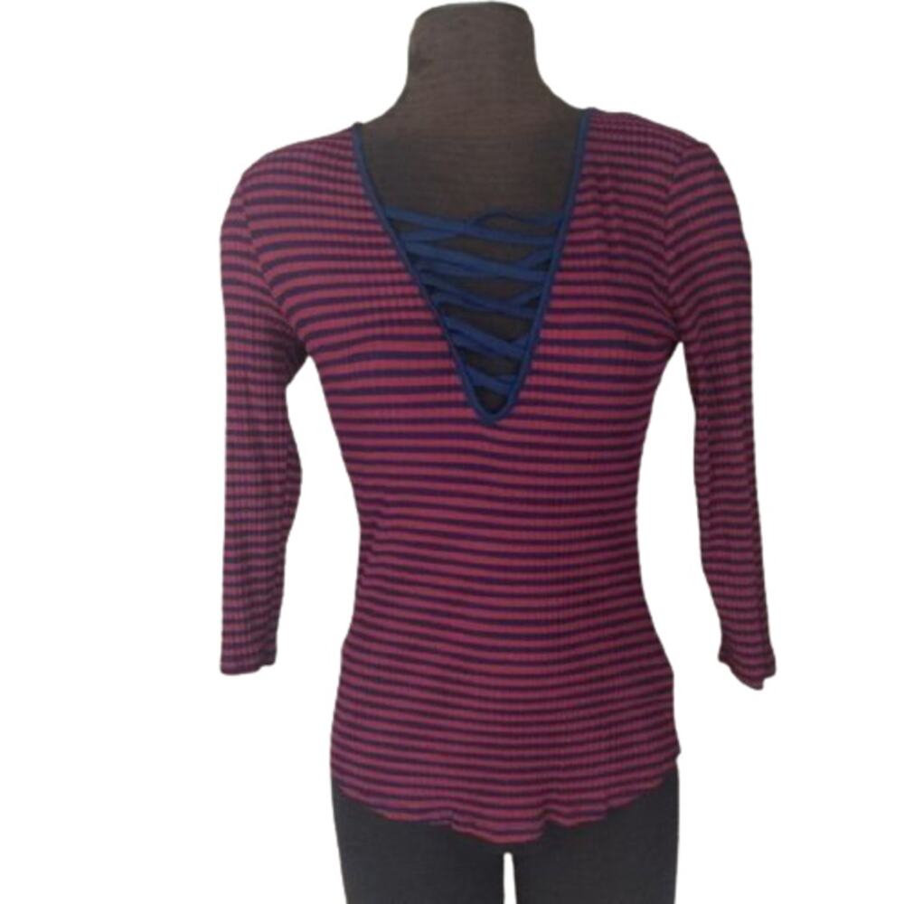 Sweet Wanderer Striped Criss Cross Deep V neck Ribbed Top Size Small